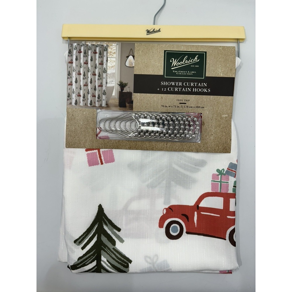 Woolrich NWT 'Tree Trip'‎ Shower Curtain  & Hooks 70"X 71" Holiday Christmas